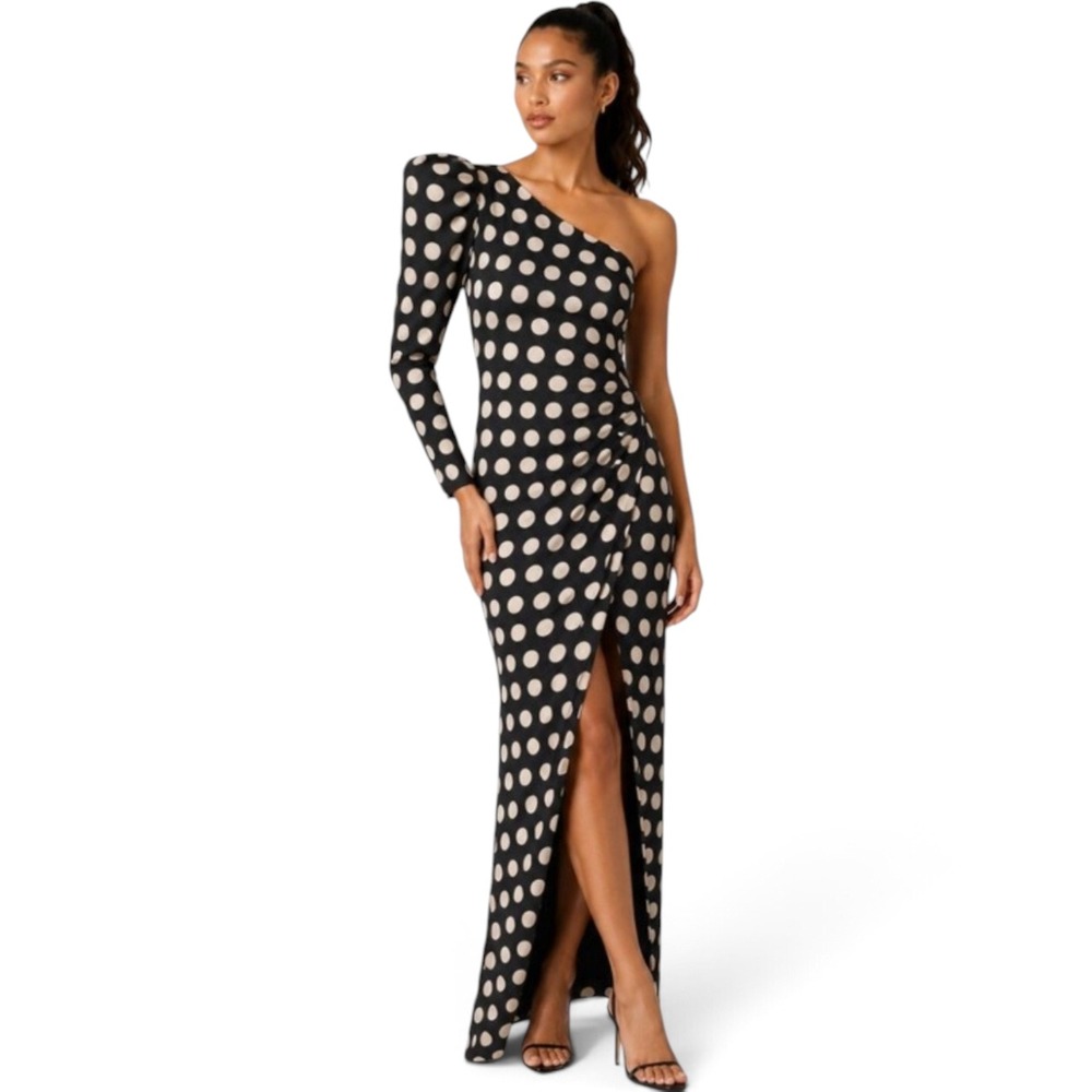 Mac Duggal Black Ivory Polka Dot One Shoulder Puff Sleeve Formal Gown, 0 NWT